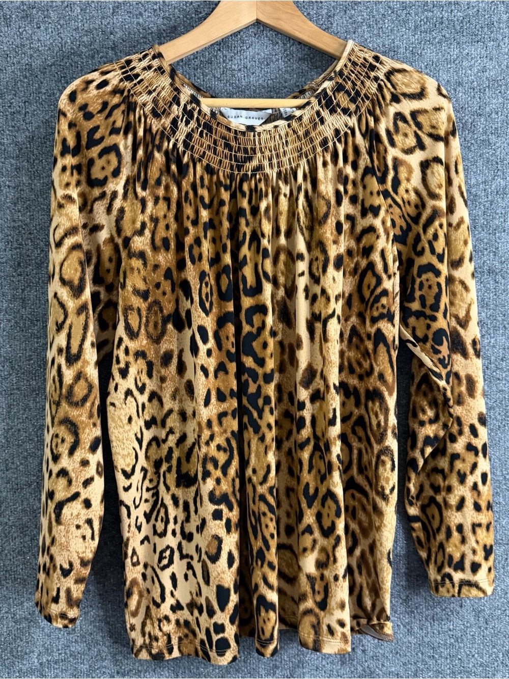 Susan Graver Womens L Liquid Knit Tunic Blouse Leopard Cheetah Smocked Neck Top